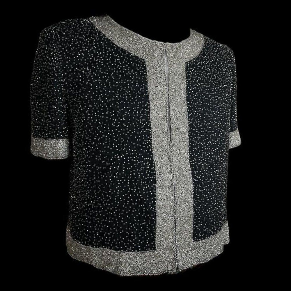 Beaded Blazer Vintage Sequin Bolero Jacket Short Sleeve Silk Coat - Picture 4 of 4